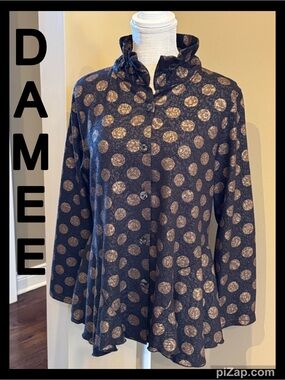 DAMEE Women’s- Sz M- JACKET TOP Black-Beige Dot  — Asymmetrical